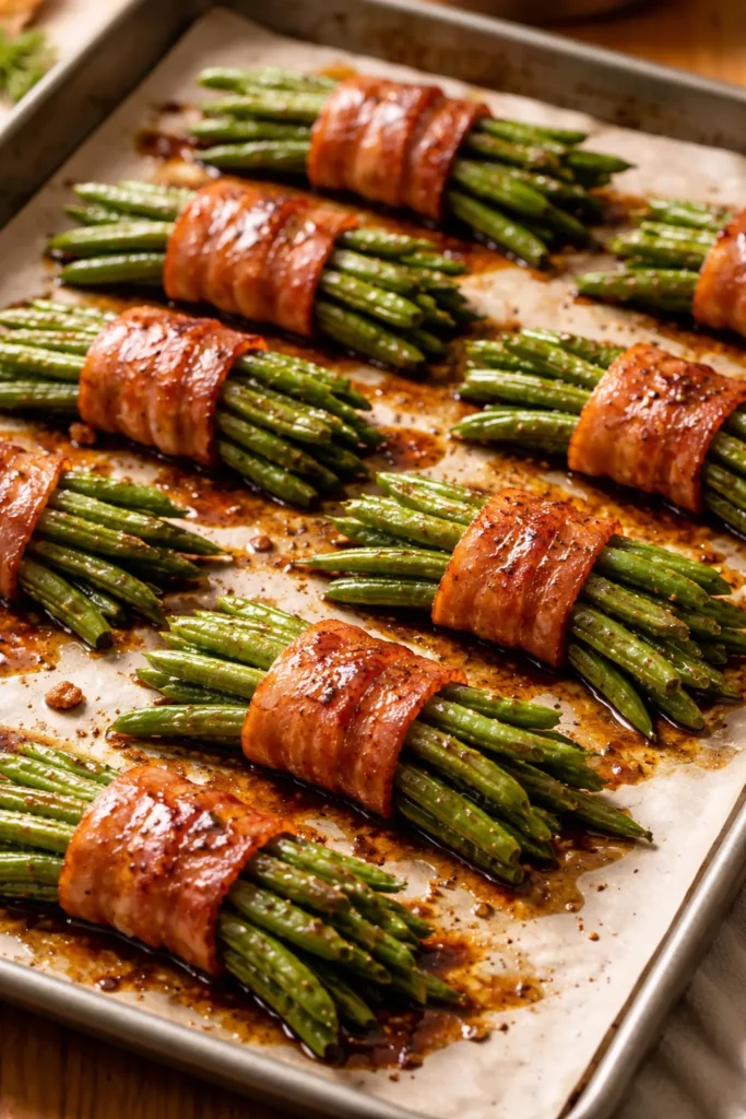 Bacon-wrapped green beans with brown sugar glaze on sheet pan