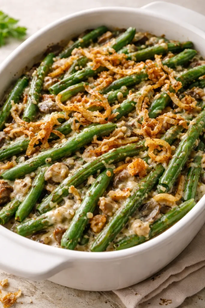 Green beans with creamy mushroom sauce in a baking dish