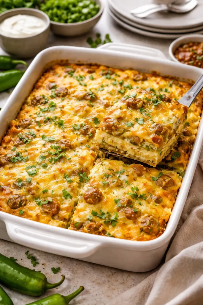 8 Breakfast Casseroles That Feed a Crowd 8 Green Chile Breakfast Bake with green chiles and melted cheese in a ceramic dish