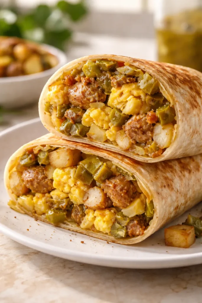 8 Breakfast Burrito Recipes for Meal Prep 10 Cross-section of green chile chicken burrito with chiles eggs and chicken sausage