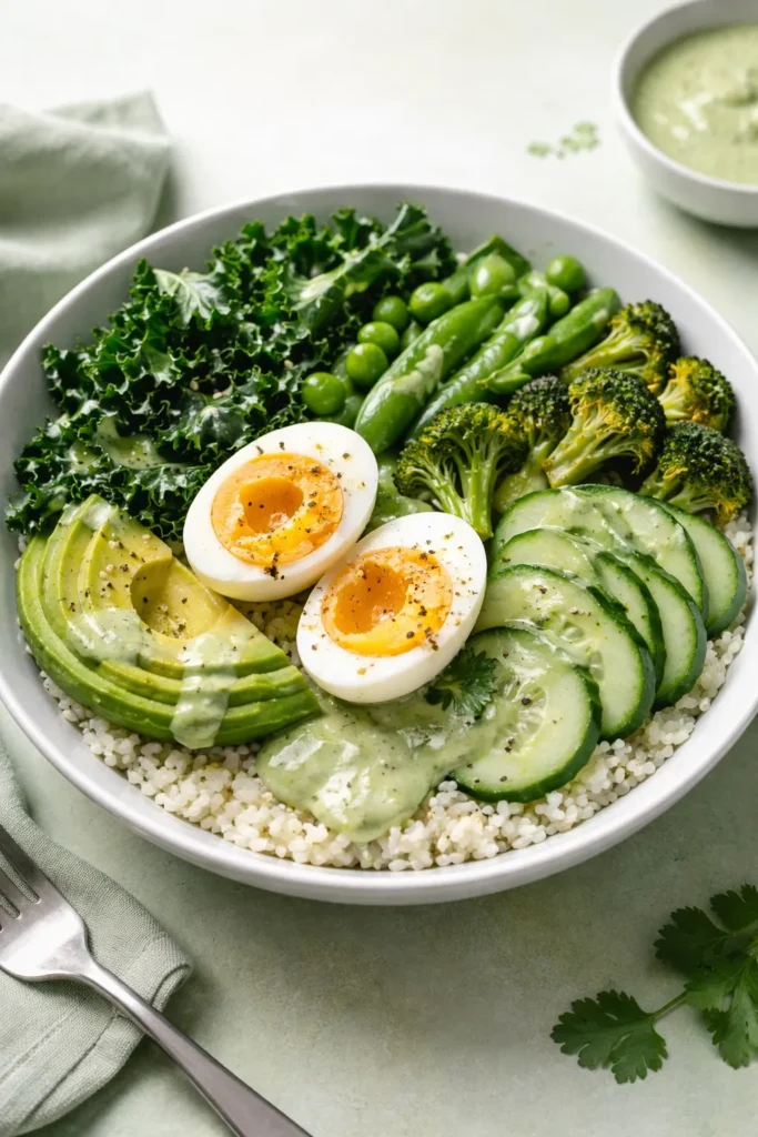 Green goddess bowl with cauliflower rice, kale, veggies, avocado and a soft-boiled egg