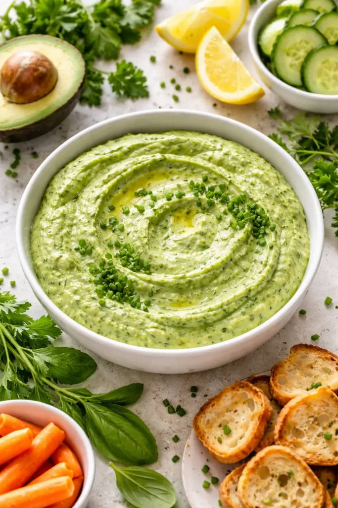 Bright green goddess dip with herbs in a bowl