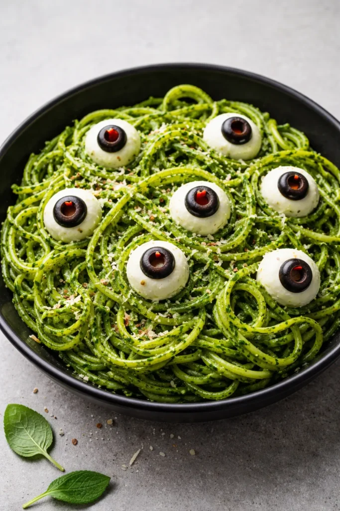 8 Halloween Dinner Ideas Your Kids Will Love 4 Green pasta with mozzarella eyeballs in a dark bowl