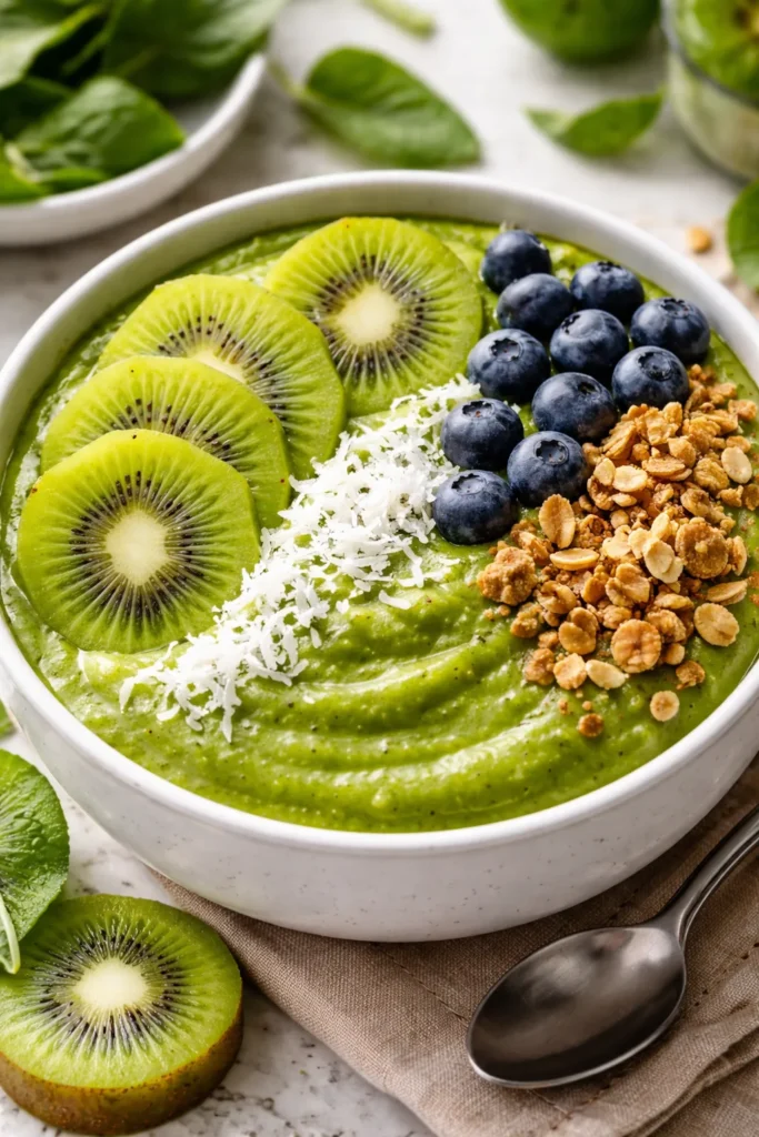 8 High Protein Smoothie Bowl Recipes 3 Vibrant green protein smoothie bowl topped with kiwi slices, blueberries, and shredded coconut flakes.