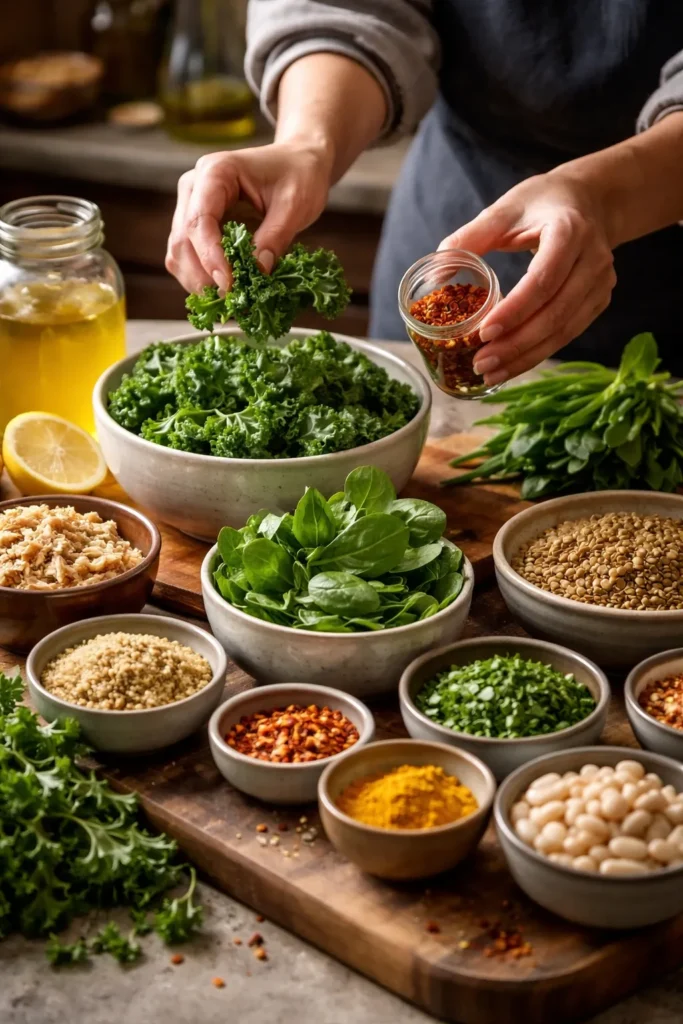 Hands selecting greens and spices for soup customization