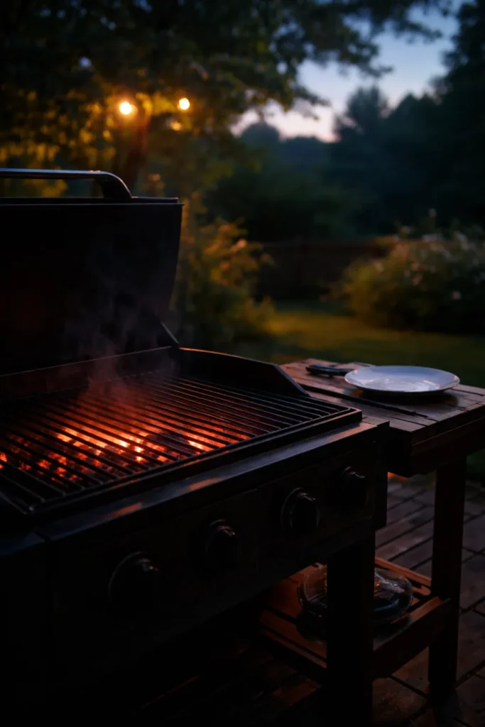 8 Grilled Dinners for a Summer Night 10 Quiet dusk grill scene with glowing embers and an empty plate