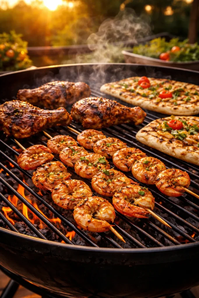 Close-up of a grill grate with shrimp, chicken, and flatbread sizzling over coals during golden hour