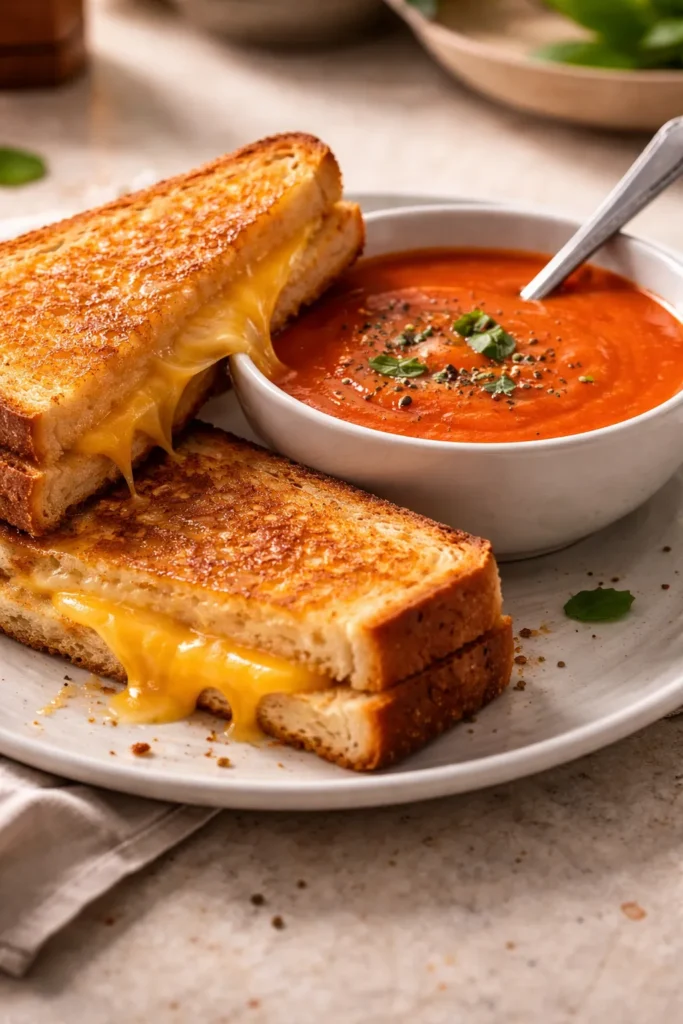 Grilled cheese sandwich and tomato soup on a plate