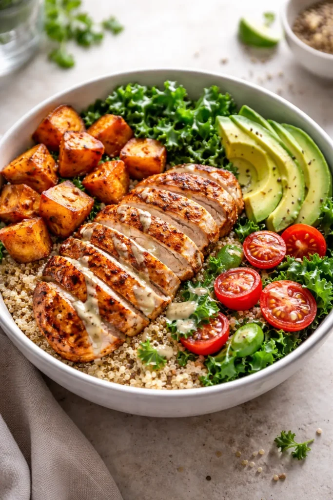 Power bowl with grilled chicken and sweet potato