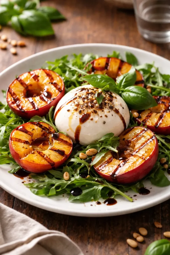 Grilled peach burrata salad with arugula and balsamic glaze