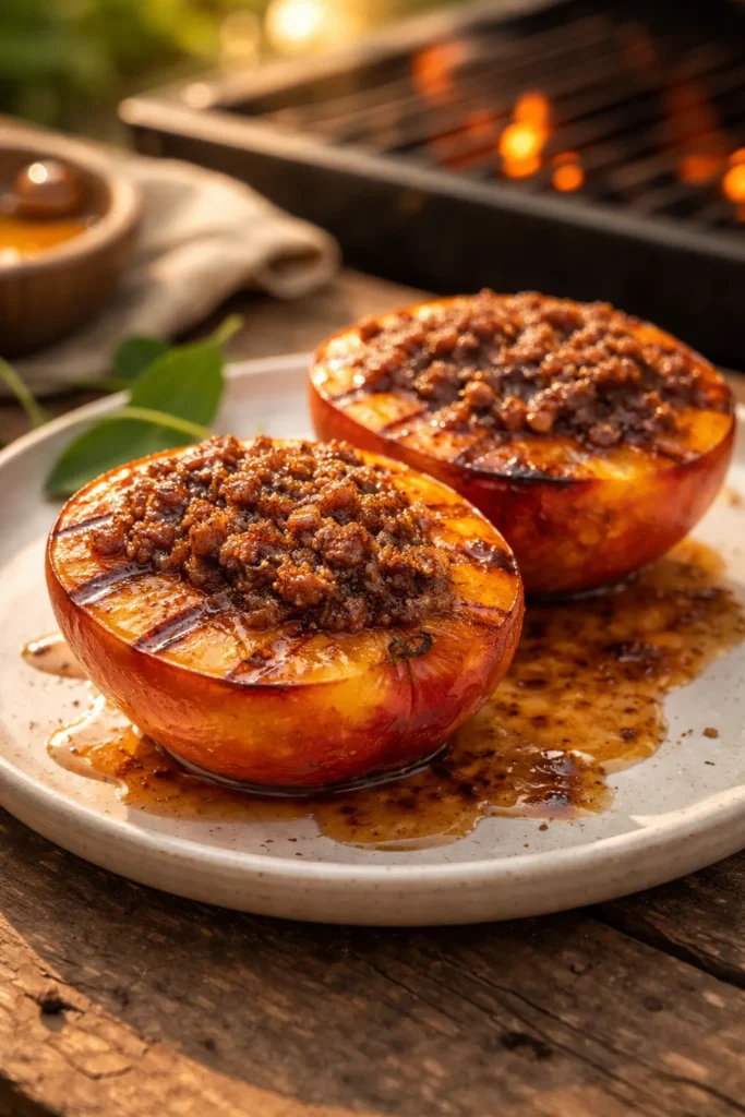 5 Warm Baked Peach Desserts for Date Night 4 Grilled peaches with cinnamon brown sugar topping on plate