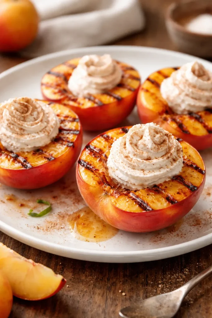 15 Fresh Peach Recipes Before Summer Ends 3 Grilled peach halves with whipped cream and cinnamon on a plate