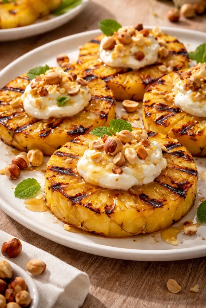 15 Crowd-Pleasing Desserts for Summer BBQs 3 Grilled pineapple slices with mascarpone and hazelnuts on a plate