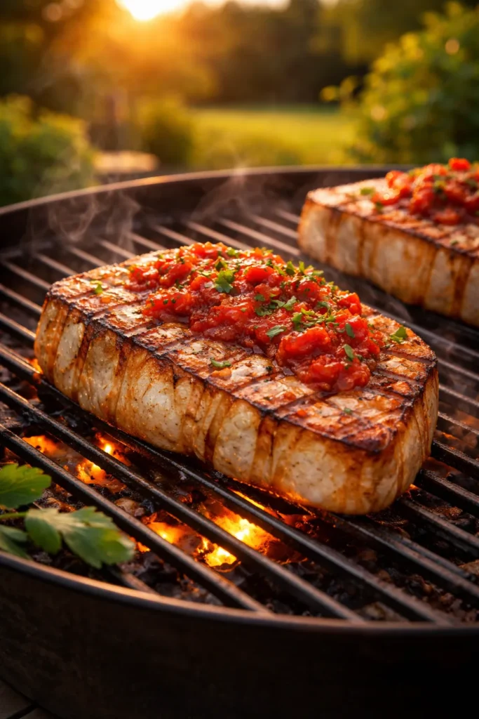 8 Grilled Dinners for a Summer Night 7 Grilled swordfish steaks with glossy red pepper glaze on a hot grill