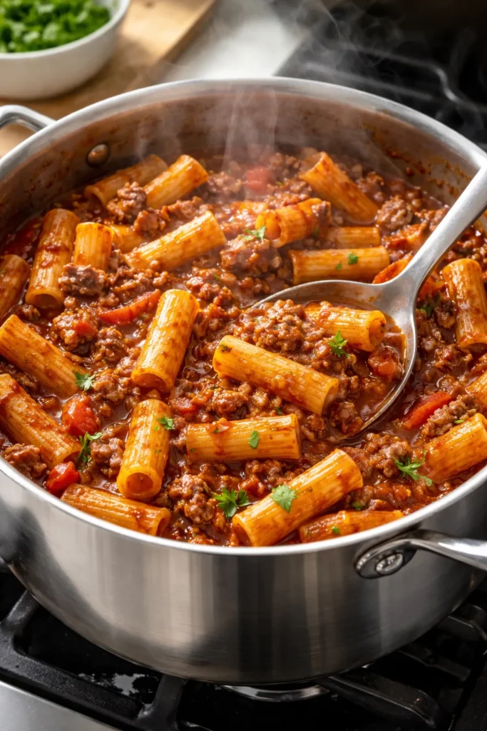 10 One-Pot Pasta Recipes With Easy Cleanup 6 Ground beef meat sauce pasta cooking in one pot with short pasta