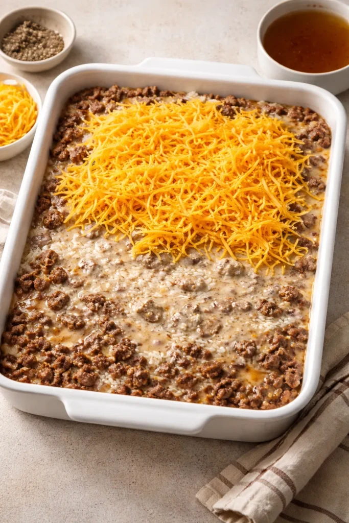 10 Oven-Baked Meals for Easy Weeknight Dinners 10 Beef and rice casserole in a baking dish with cheese on top