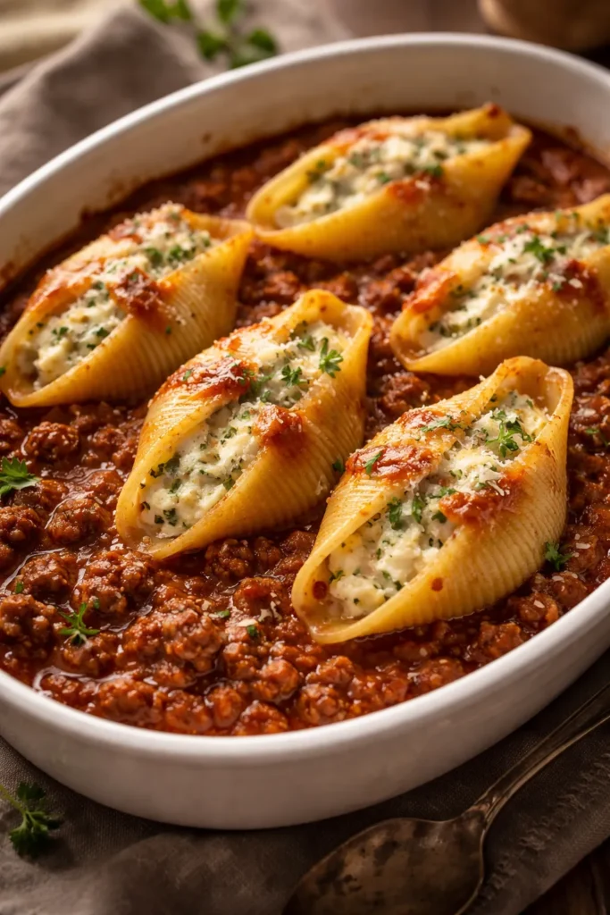 10 Stuffed Pasta Shell Recipes for Dinner 4 Ground beef stuffed shells with meat sauce on plate