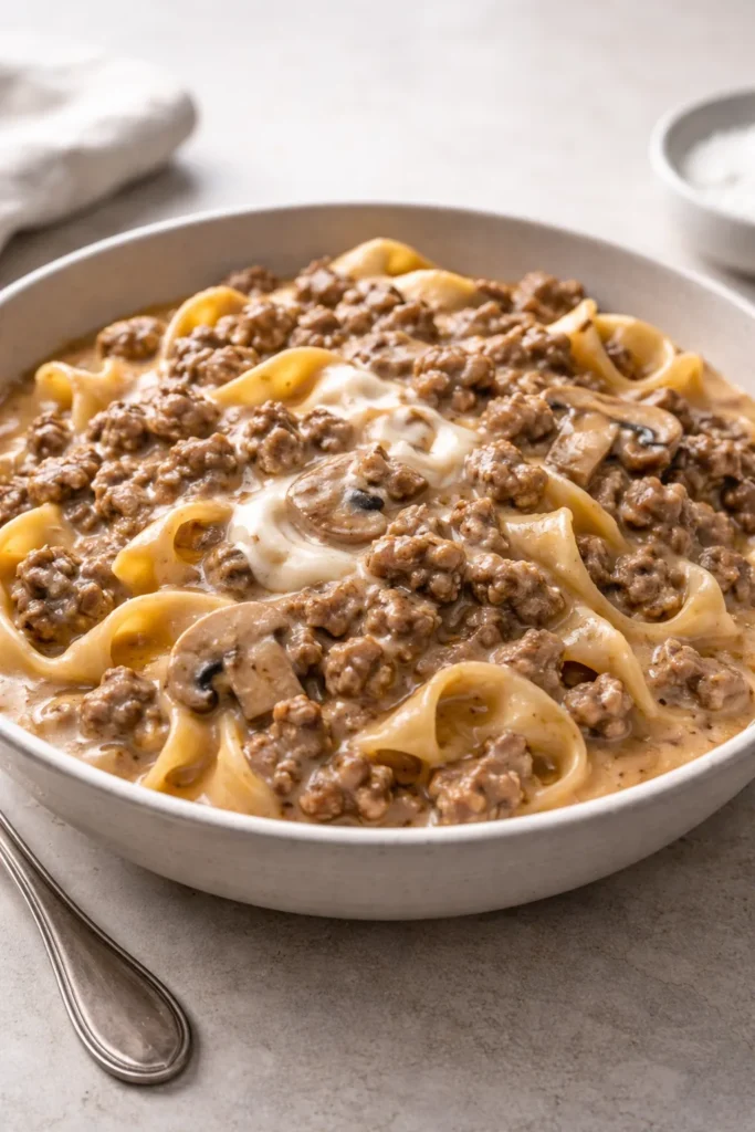 10 Pressure Cooker Recipes for Beginners 5 Creamy ground beef stroganoff with pasta in mushroom sauce