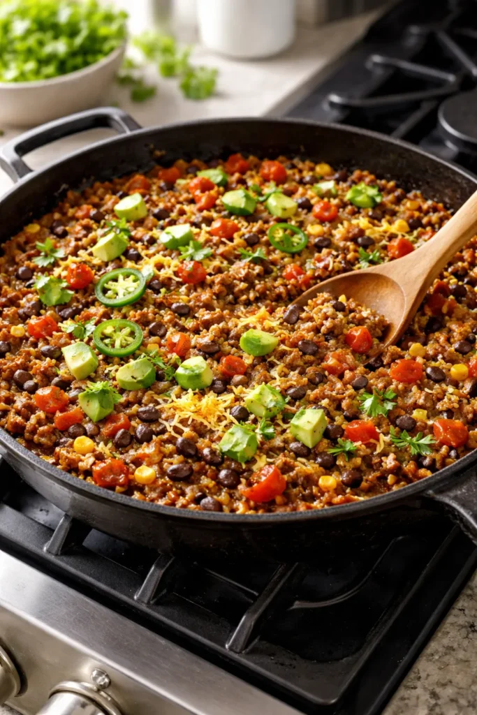 8 Stovetop Dinners When You're Short on Time 4 Skillet with beef, beans, and tomatoes for taco skillet
