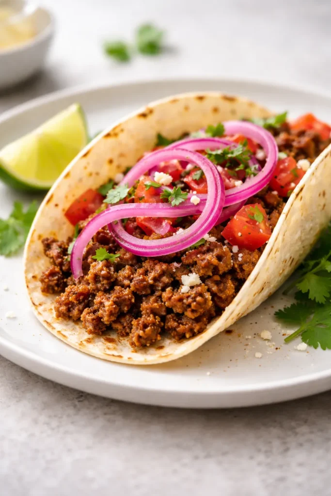 Close-up of ground beef taco with quick-pickled onions on a plate