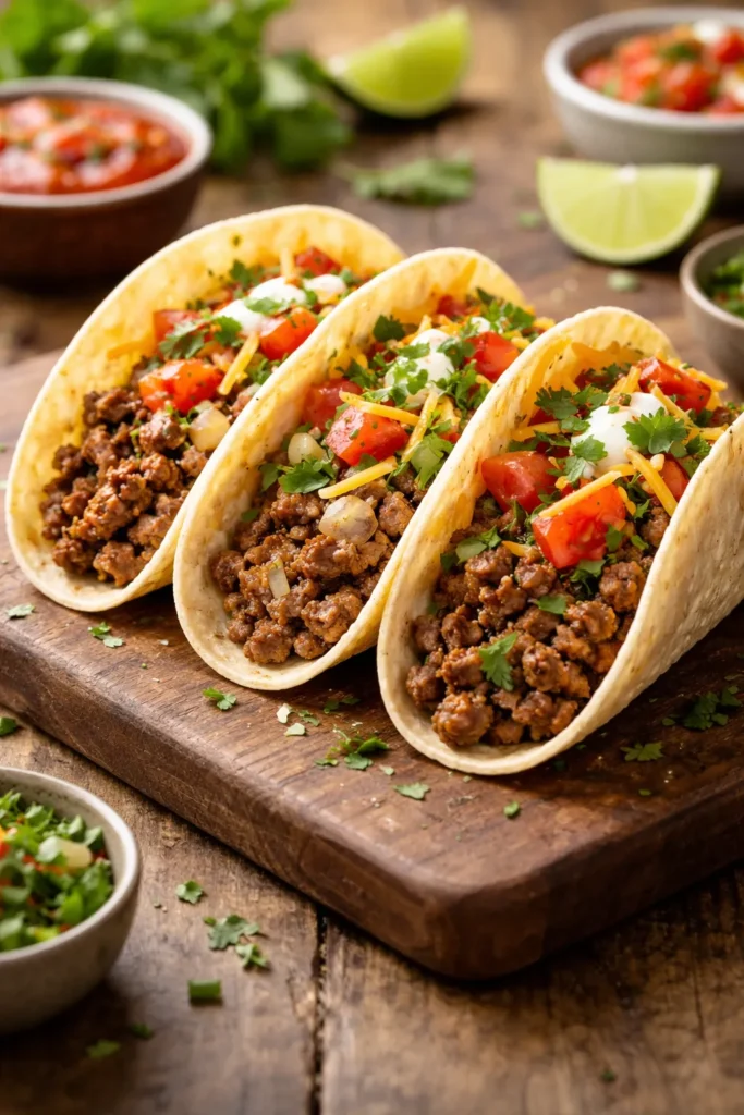 12 Mexican Dinner Recipes for Taco Night 1 Close-up of Classic Ground Beef Tacos with seasoned beef in corn tortillas on a rustic board.