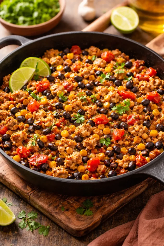 One-pan skillet with ground chicken, black beans, corn and tomatoes