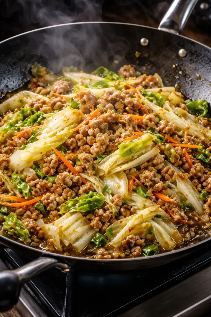 Ground pork and napa cabbage stir fry with ginger in a wok