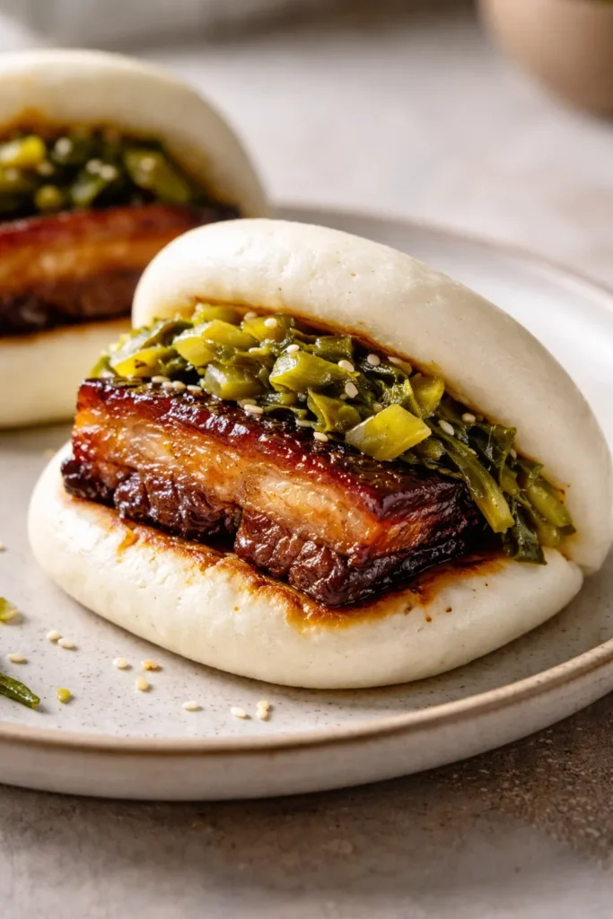 8 Bao Bun Recipes Steamed and Stuffed 3 Cross-section gua bao with braised pork belly and pickled greens