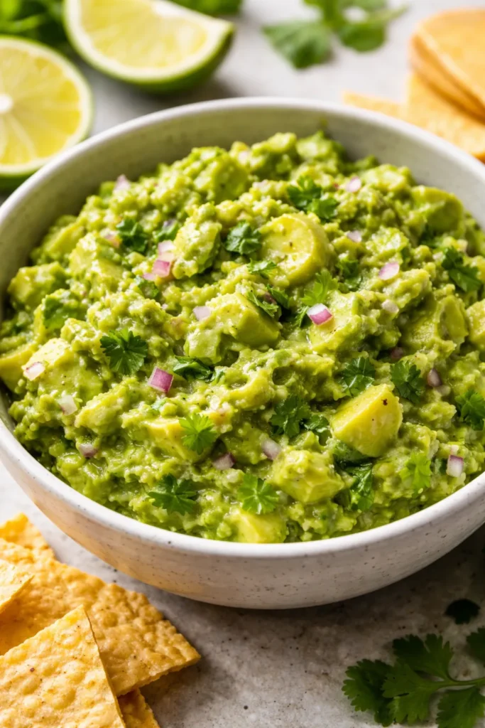 8 Easy Dip Recipes for Parties and Snacking 4 Chunky and creamy guacamole in a white bowl with avocado chunks