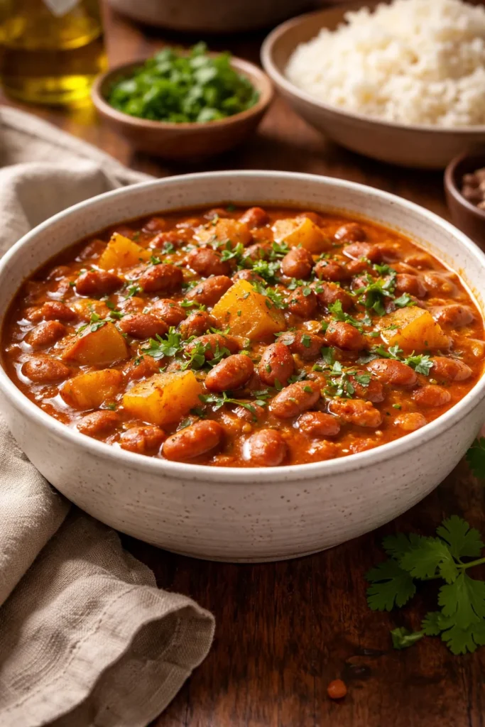 Creamy stewed beans in sofrito sauce with potatoes