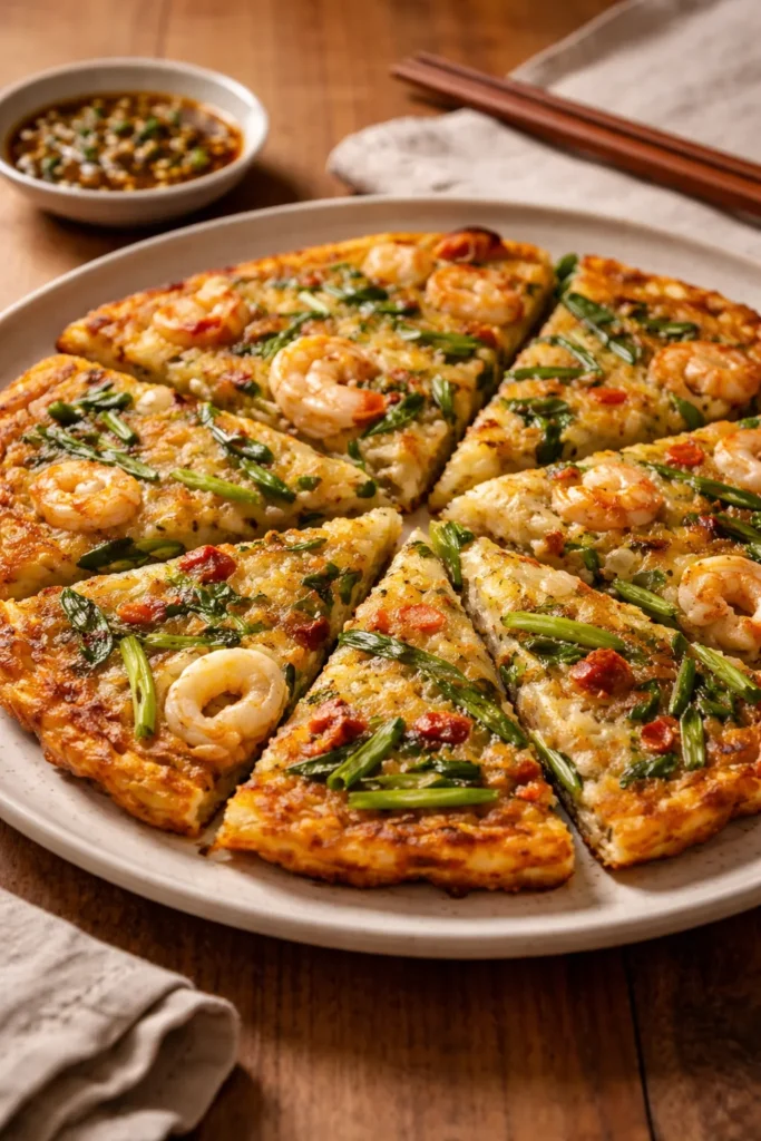 12 Easy Korean Recipes for Weeknight Dinners 12 Crispy seafood scallion pancake wedges on plate