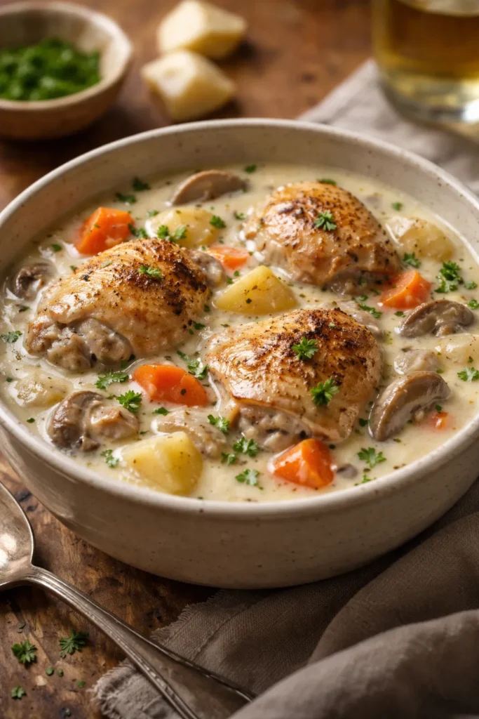 Creamy chicken thigh stew with white wine in a bowl.