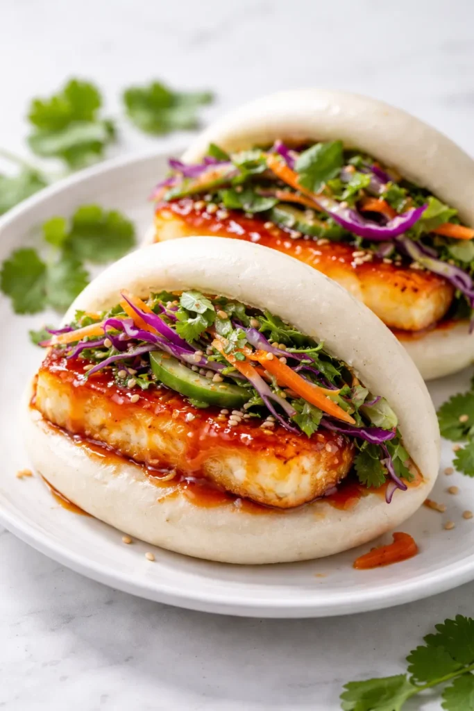 8 Bao Bun Recipes Steamed and Stuffed 8 Close-up of halloumi bao with sweet chili glaze and herb slaw