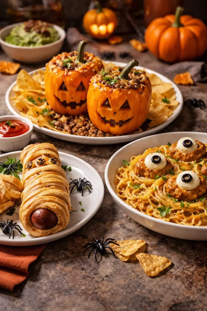 8 Halloween Dinner Ideas Your Kids Will Love 10 Assorted Halloween swap plates showing plant-based, lentil stuffed pepper, and gluten-free pasta