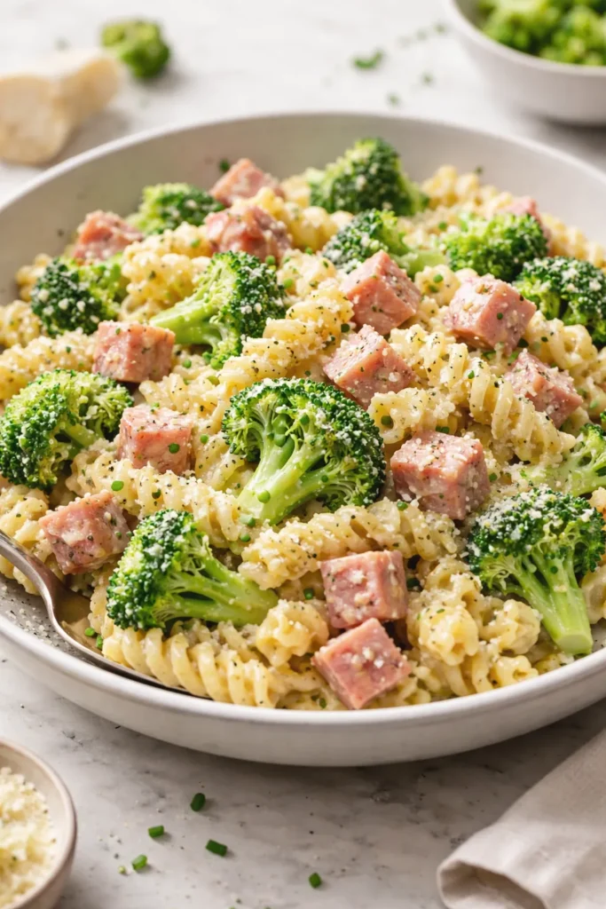 Creamy ham and broccoli pasta on a plate
