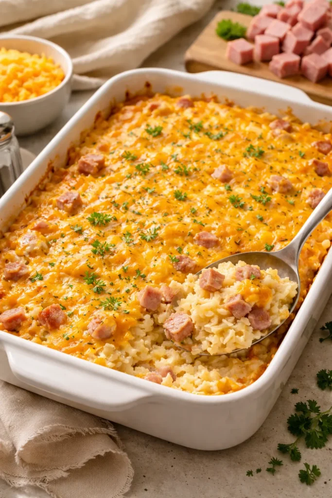 12 Dump and Bake Casseroles With No Fuss 8 Cheesy Ham and Cheddar Potato Casserole in a baking dish