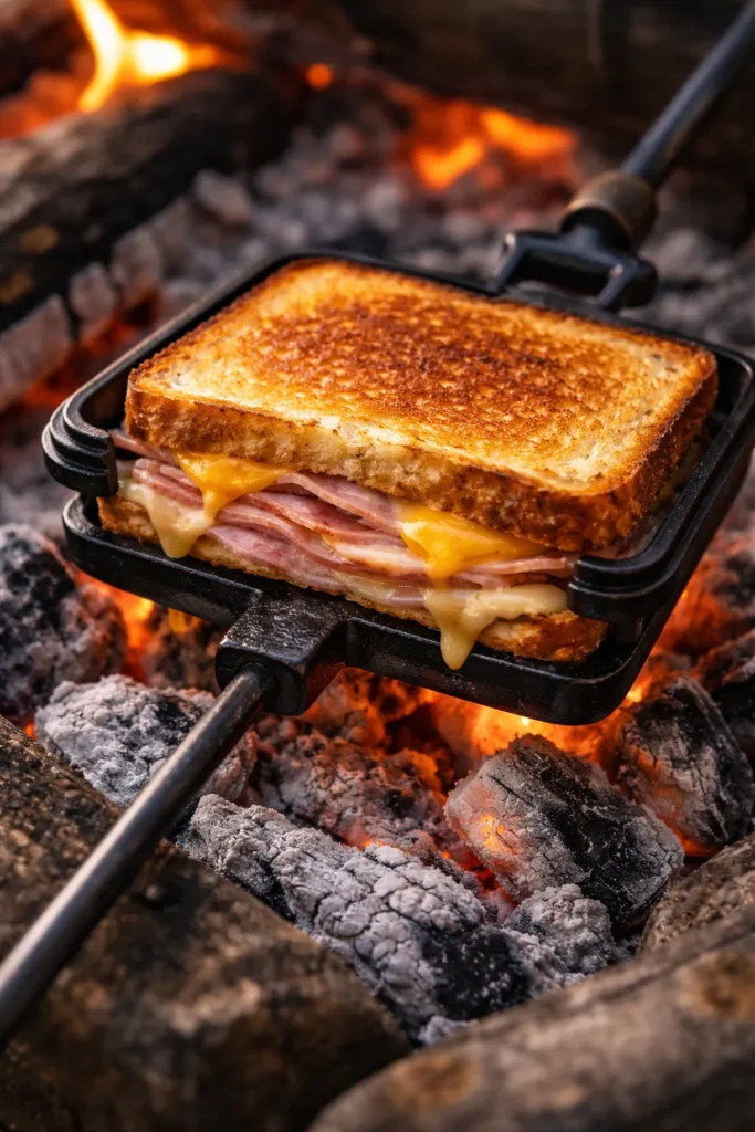 10 Campfire Recipes Even Kids Can Help With 7 Close-up of a ham and cheese hobo pie iron sandwich cooking over campfire coals