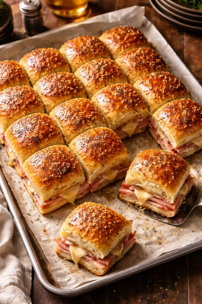 10 Easy Dinner Recipes for a Big Crowd 6 Tray of ham and cheese sliders on parchment