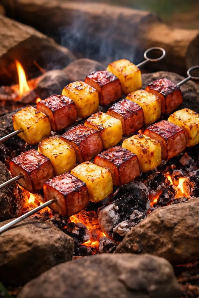 10 Campfire Recipes Even Kids Can Help With 4 Ham and pineapple kebabs on skewers over glowing coals.