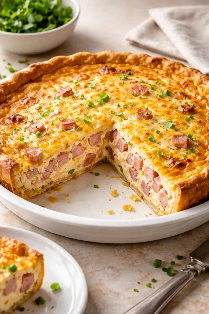 Ham and egg quiche with a slice removed
