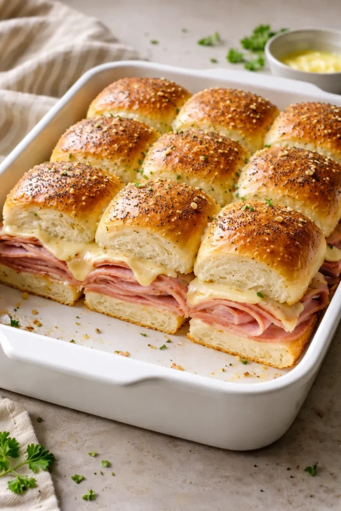 Ham and Swiss cheese sliders on Hawaiian rolls with butter glaze