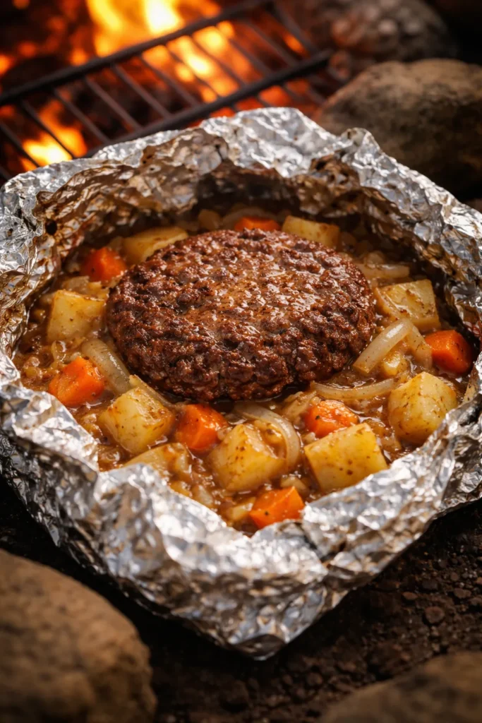 Opened foil packet with hamburger patty, potatoes and vegetables in gravy