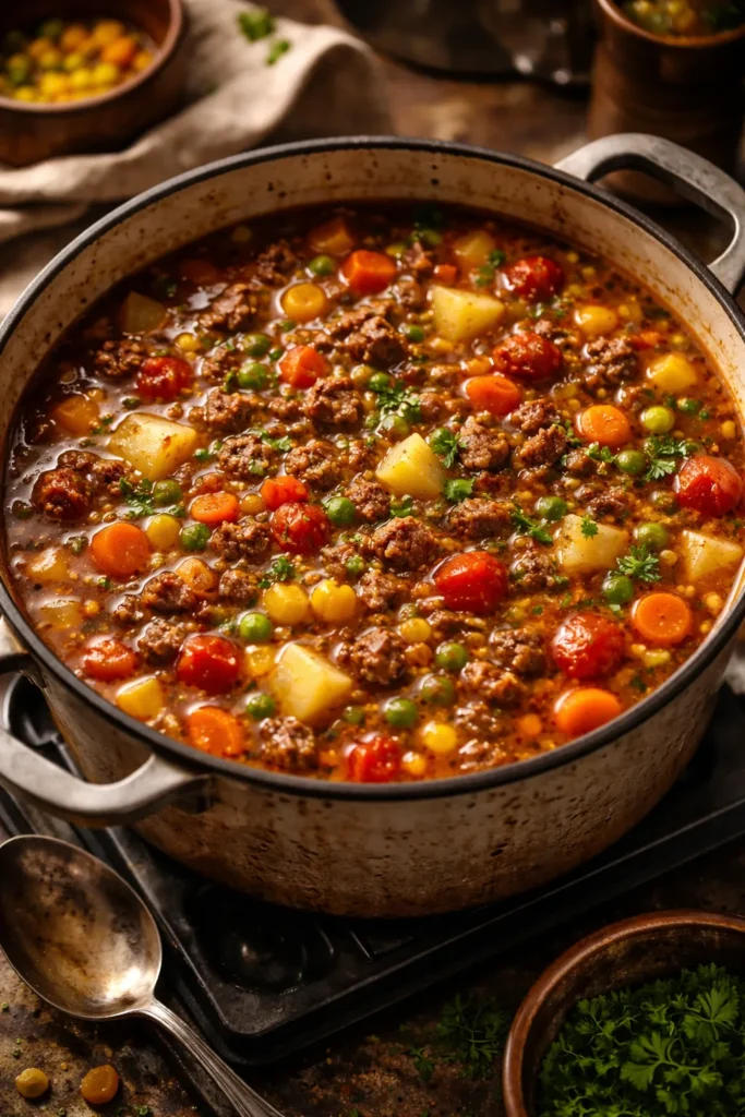 10 Cheap Family Dinners Everyone Eats 7 Close-up of a pot of hamburger soup simmering with beef, onions, tomatoes, and vegetables