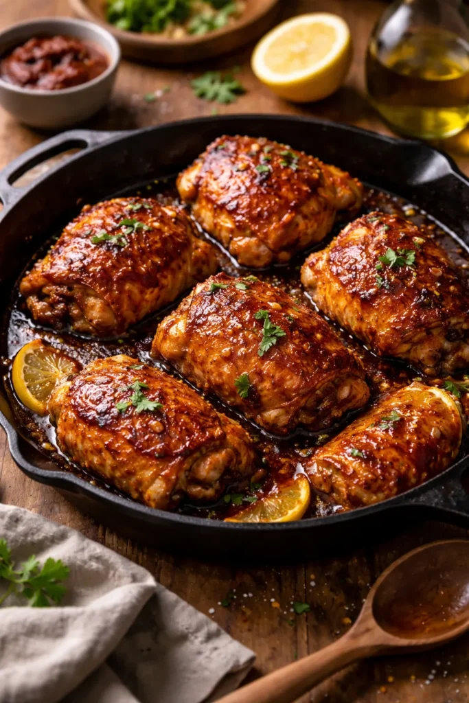8 Mediterranean Dinner Recipes for Weeknights 7 Close-up of crispy glazed chicken thighs in a cast-iron skillet