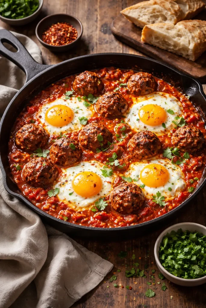 8 Paleo Dinners That Don't Taste Boring 9 Skillet shakshuka with harissa meatballs and eggs in tomato sauce