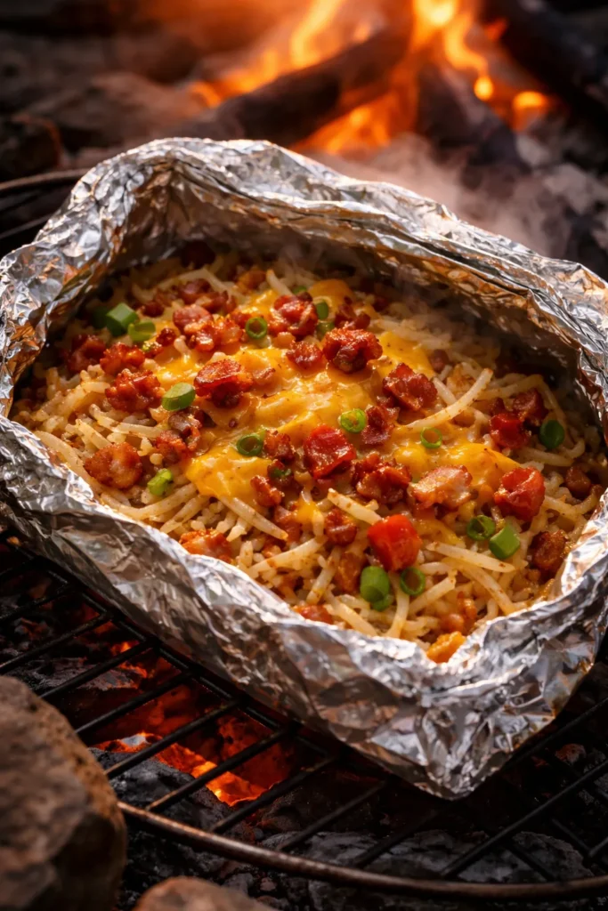 Foil packet opened with hash browns, bacon and cheddar