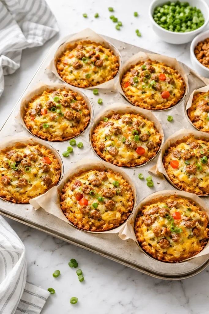 10 High Protein Breakfasts for Busy Mornings 8 Sausage and hash brown egg muffins in parchment-lined tin