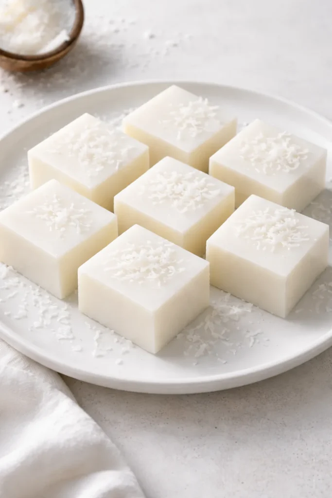 Pristine haupia square on plate highlighting silky coconut pudding texture