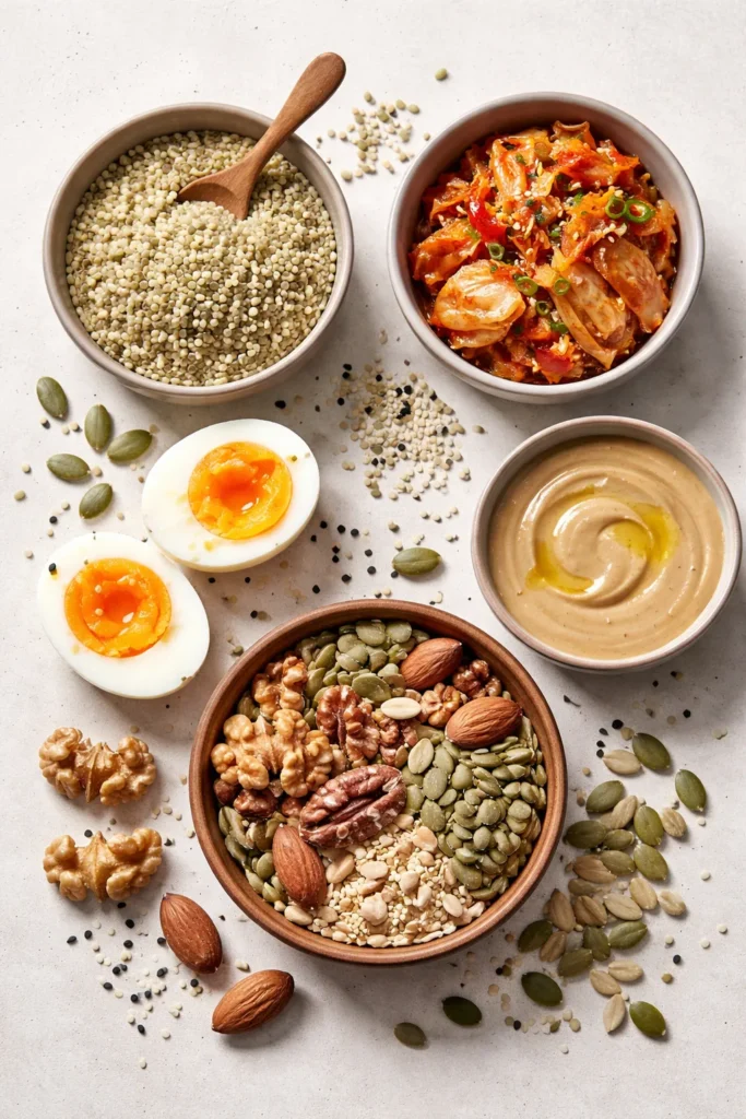 8 Protein Bowl Recipes to Eat After the Gym 11 Flat lay of toppings including hemp seeds, kimchi, soft-boiled egg, nuts, and tahini