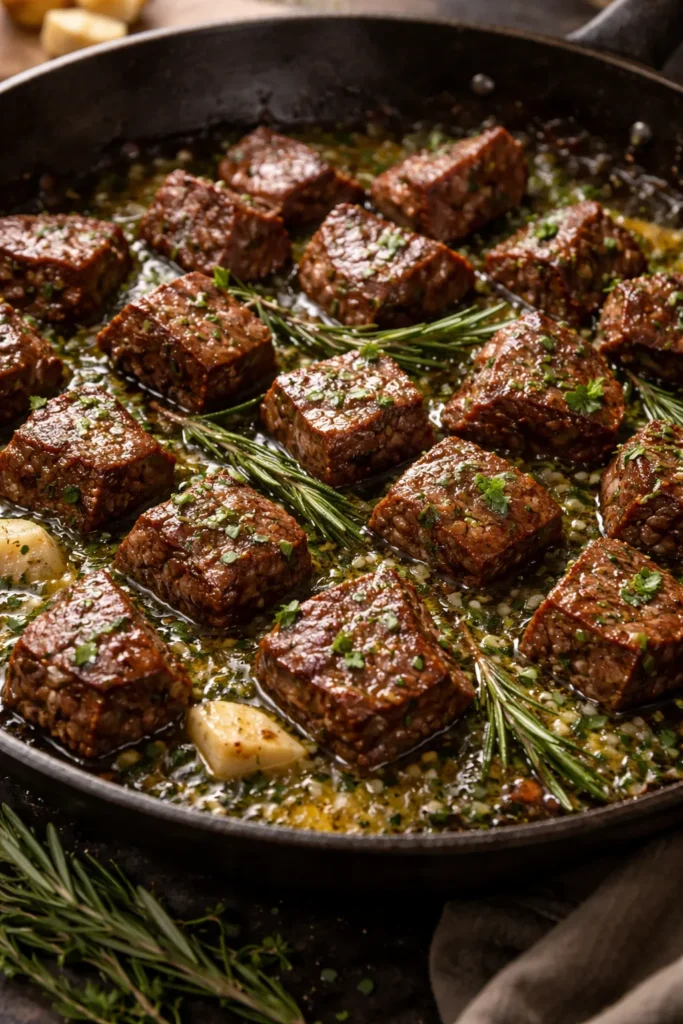 Herb-infused garlic butter steak bites with rosemary and thyme in pan